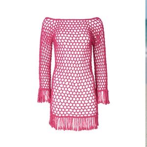 NWT SOAH Violet Fuchsia Magenta Crochet Mini Dress Beach Cover Up - M